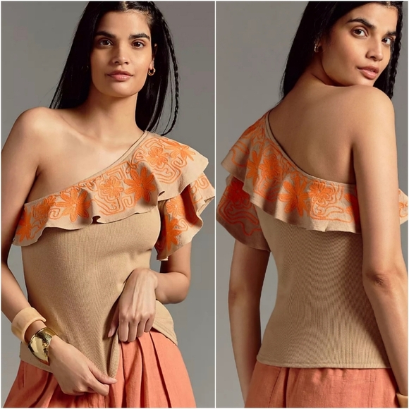 Anthropologie, New, Dolan Linen Blend Rib Knit Embroidered Ruffle Top Size XL - Picture 1 of 14